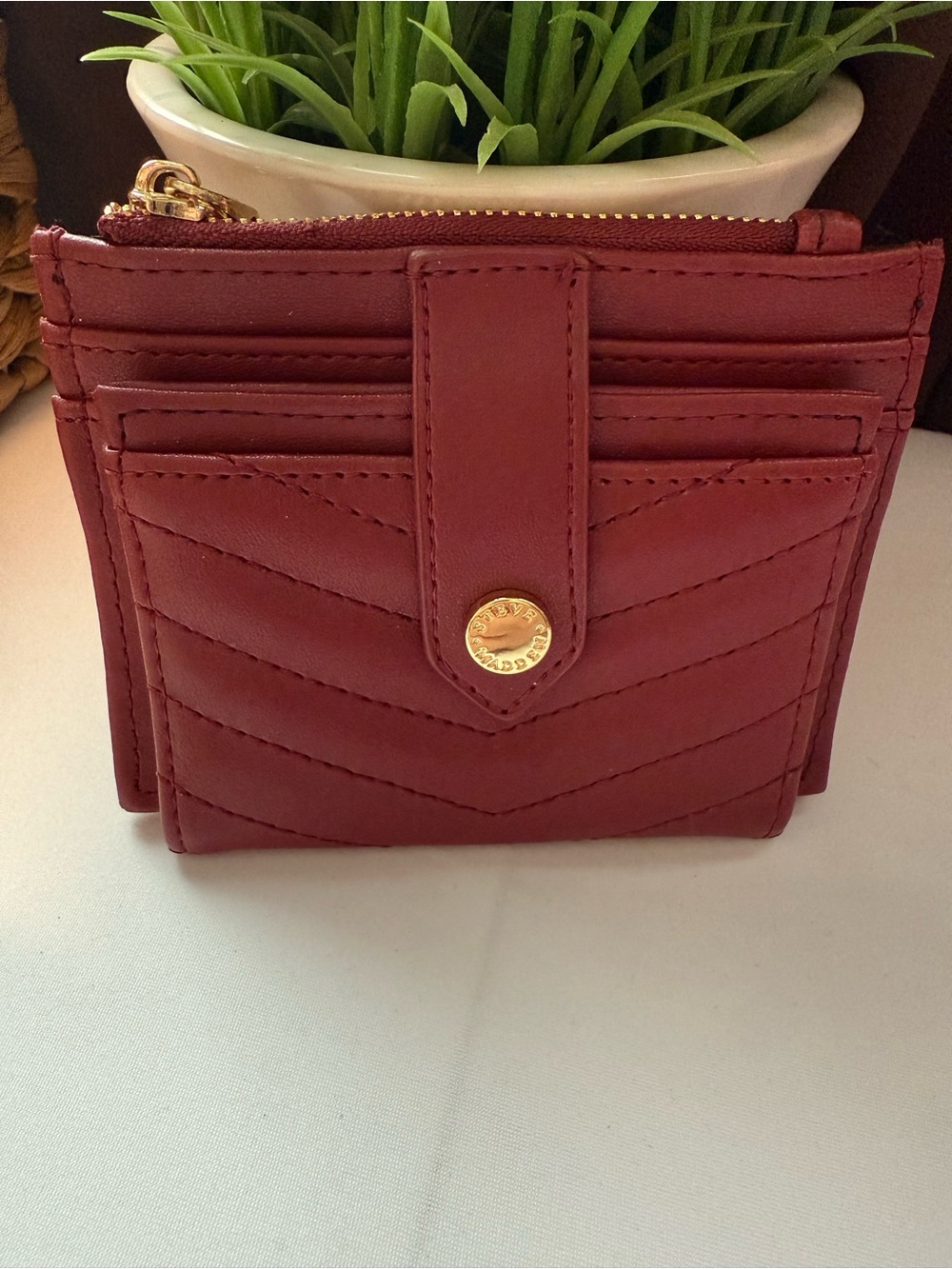 Steve Madden Burgundy Quilted Card Wallet with Gold Accent